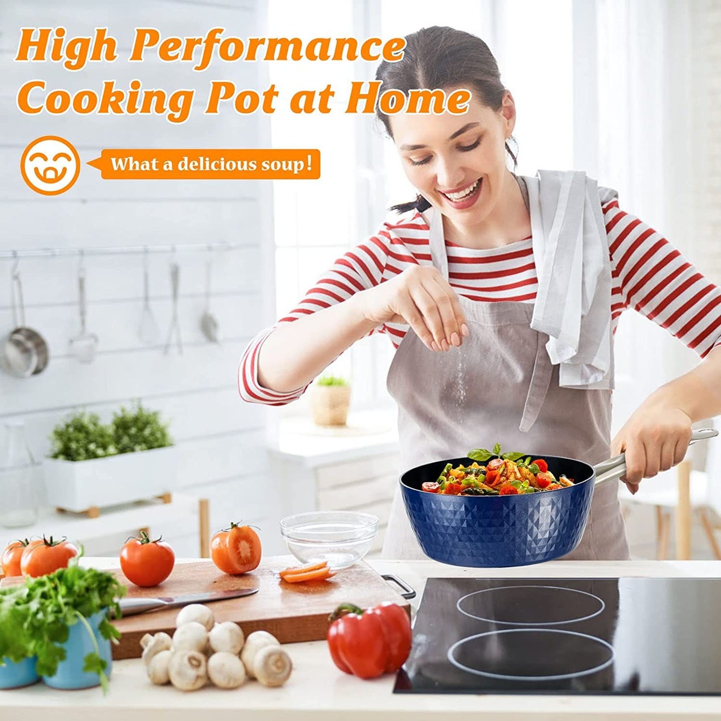 1.2 Quart Pot Saucepan with Lid; Small Nonstick Saucepan with Lid; Small Soup Pot with Lid; Small Induction Stock Pot; Blue Mini Saucepan with Lid; Milk Pot with Anodized Healthy Ceramic