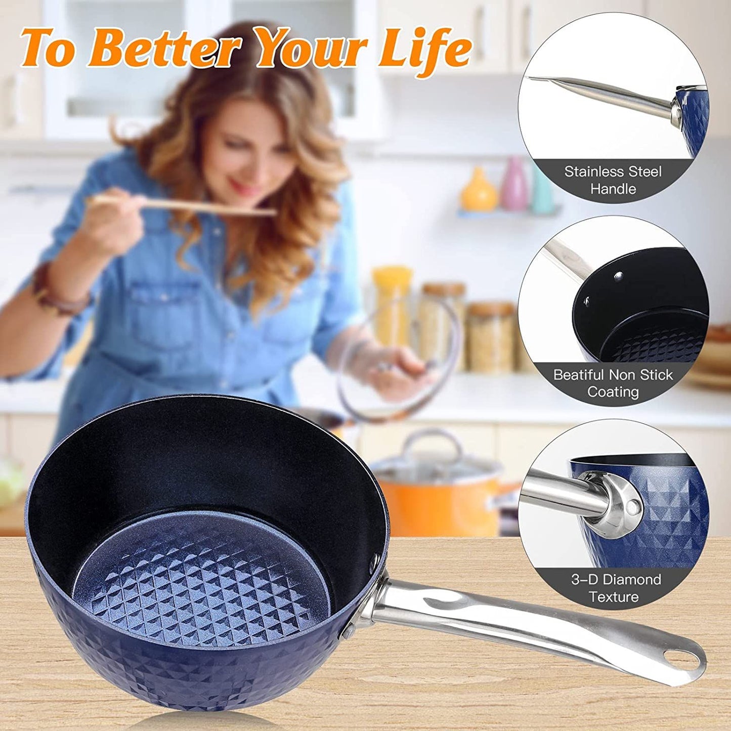 1.2 Quart Pot Saucepan with Lid; Small Nonstick Saucepan with Lid; Small Soup Pot with Lid; Small Induction Stock Pot; Blue Mini Saucepan with Lid; Milk Pot with Anodized Healthy Ceramic