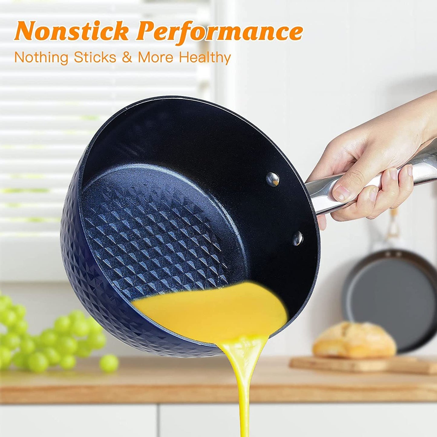1.2 Quart Pot Saucepan with Lid; Small Nonstick Saucepan with Lid; Small Soup Pot with Lid; Small Induction Stock Pot; Blue Mini Saucepan with Lid; Milk Pot with Anodized Healthy Ceramic