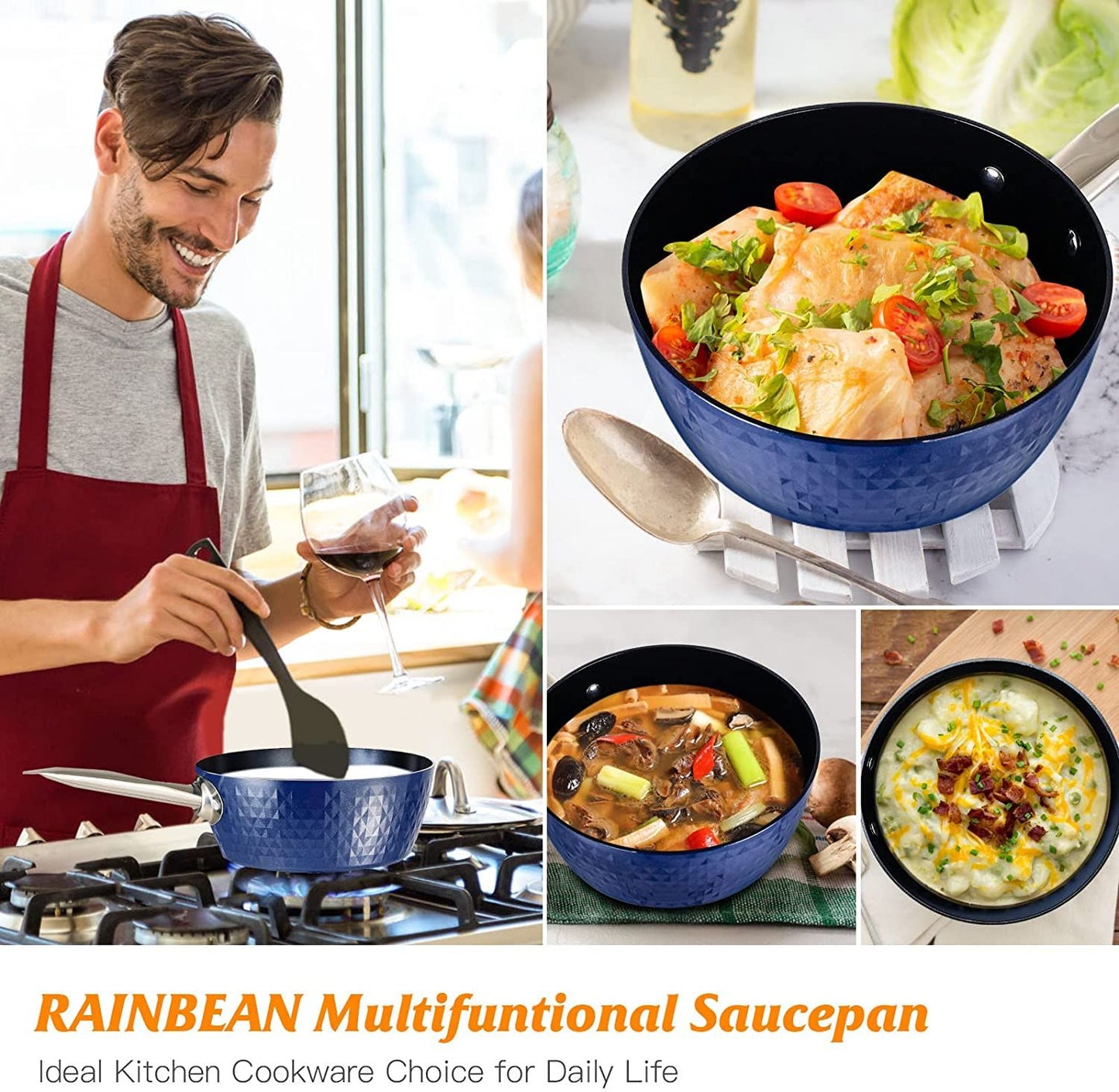 1.2 Quart Pot Saucepan with Lid; Small Nonstick Saucepan with Lid; Small Soup Pot with Lid; Small Induction Stock Pot; Blue Mini Saucepan with Lid; Milk Pot with Anodized Healthy Ceramic