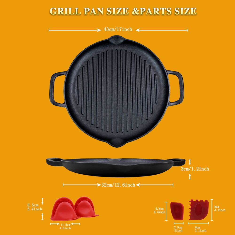 Cast Iron Grill Pan 12.6 inch Pre-Seasoned Cast Iron Griddle Pan Dual Handles Cast Iron Skillets for BBQ Round Cast Iron Griddle for any Stove Top and all Cooking Tops