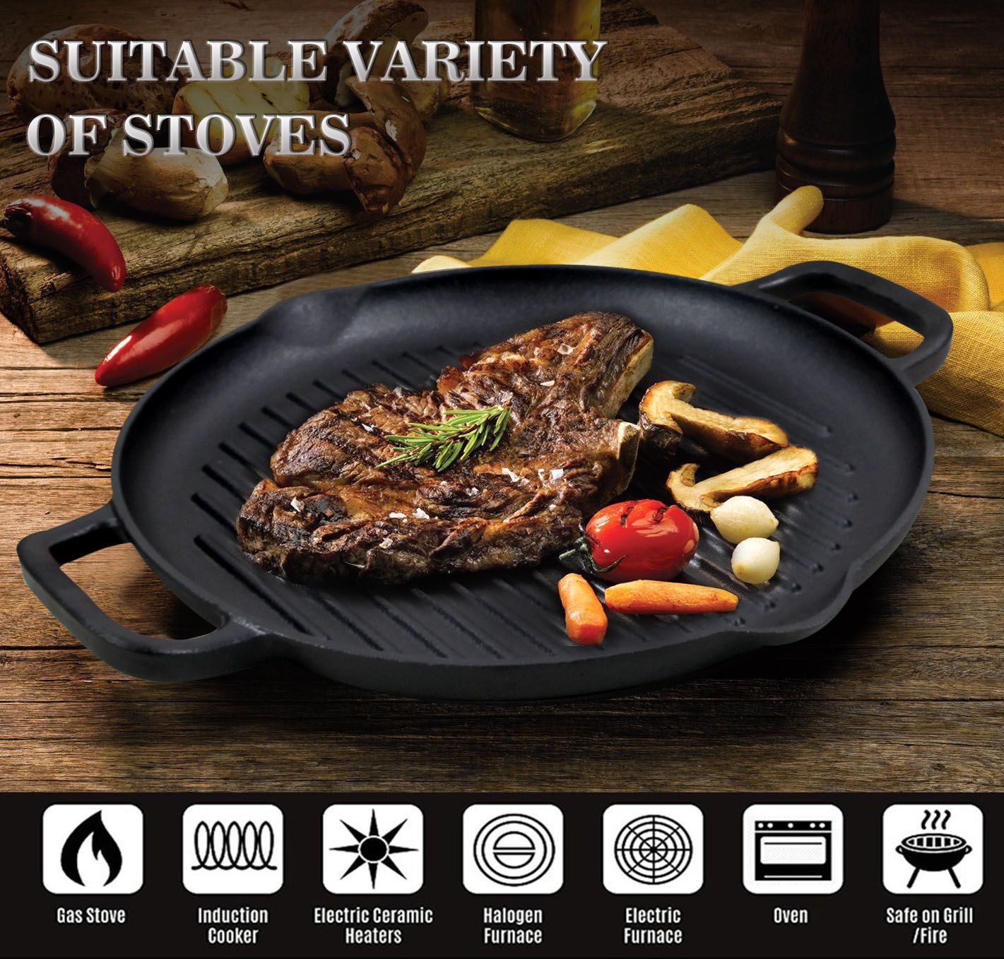 Cast Iron Grill Pan 12.6 inch Pre-Seasoned Cast Iron Griddle Pan Dual Handles Cast Iron Skillets for BBQ Round Cast Iron Griddle for any Stove Top and all Cooking Tops