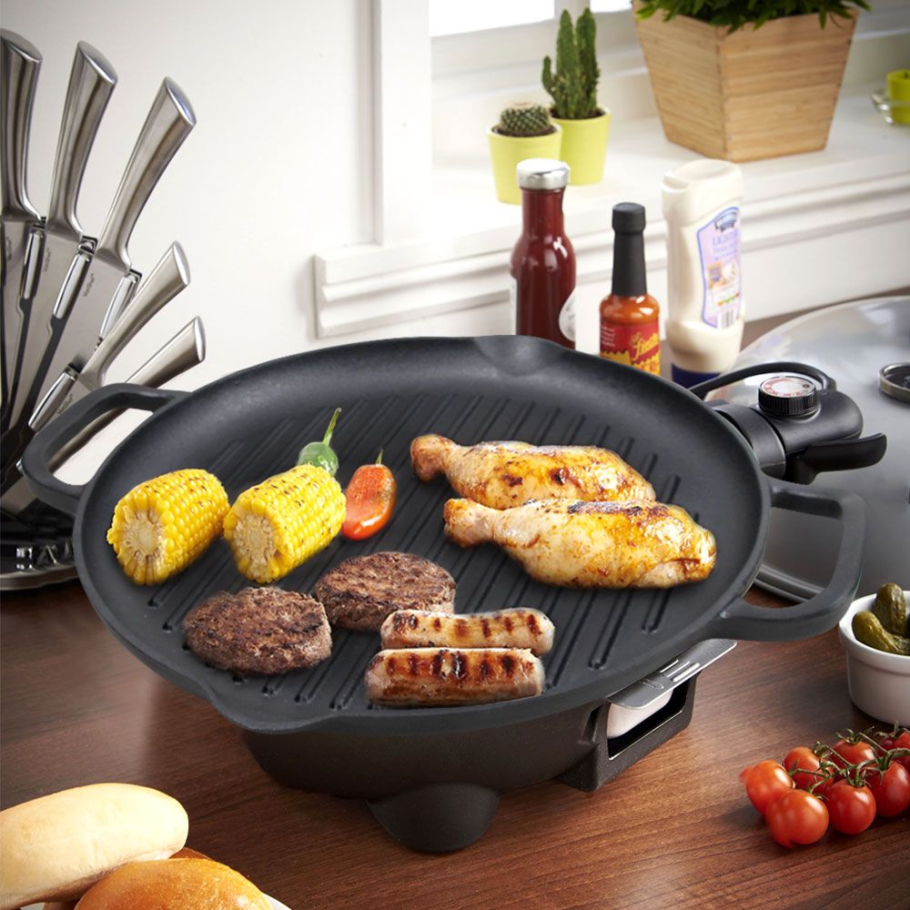 Cast Iron Grill Pan 12.6 inch Pre-Seasoned Cast Iron Griddle Pan Dual Handles Cast Iron Skillets for BBQ Round Cast Iron Griddle for any Stove Top and all Cooking Tops