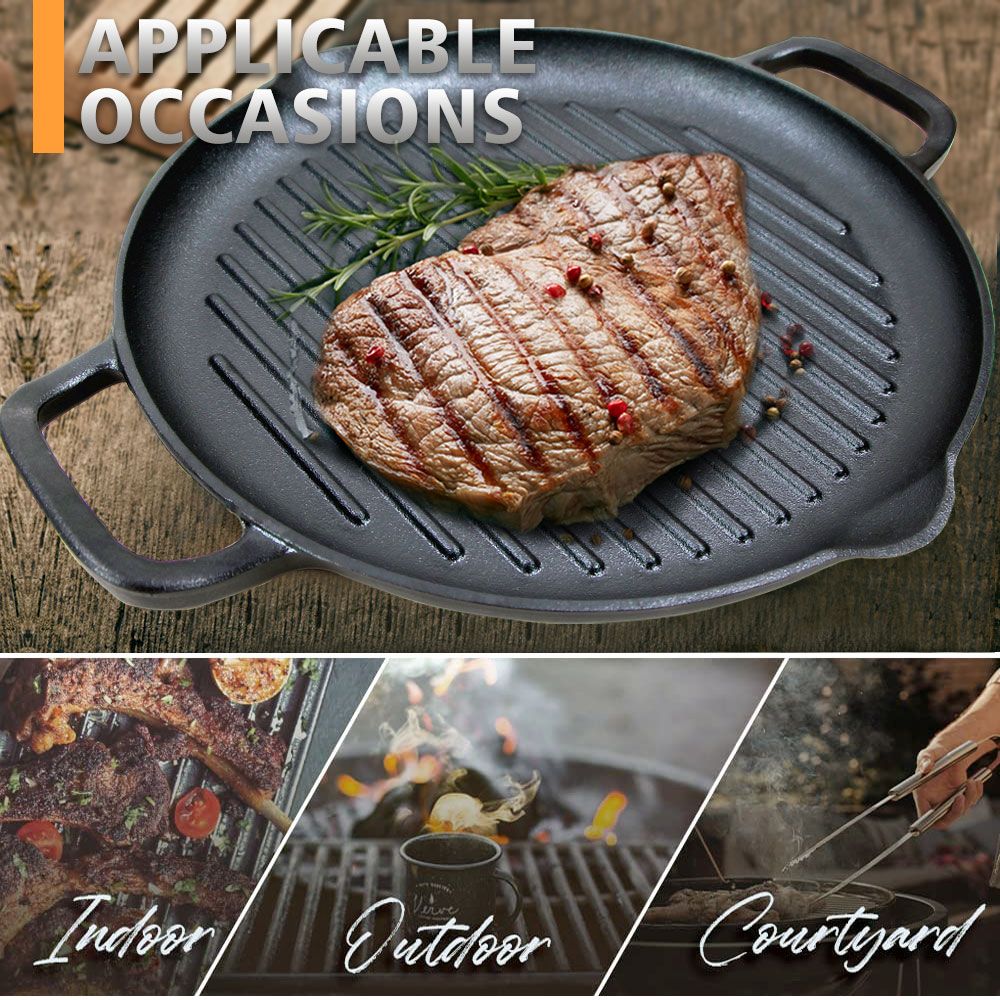 Cast Iron Grill Pan 12.6 inch Pre-Seasoned Cast Iron Griddle Pan Dual Handles Cast Iron Skillets for BBQ Round Cast Iron Griddle for any Stove Top and all Cooking Tops