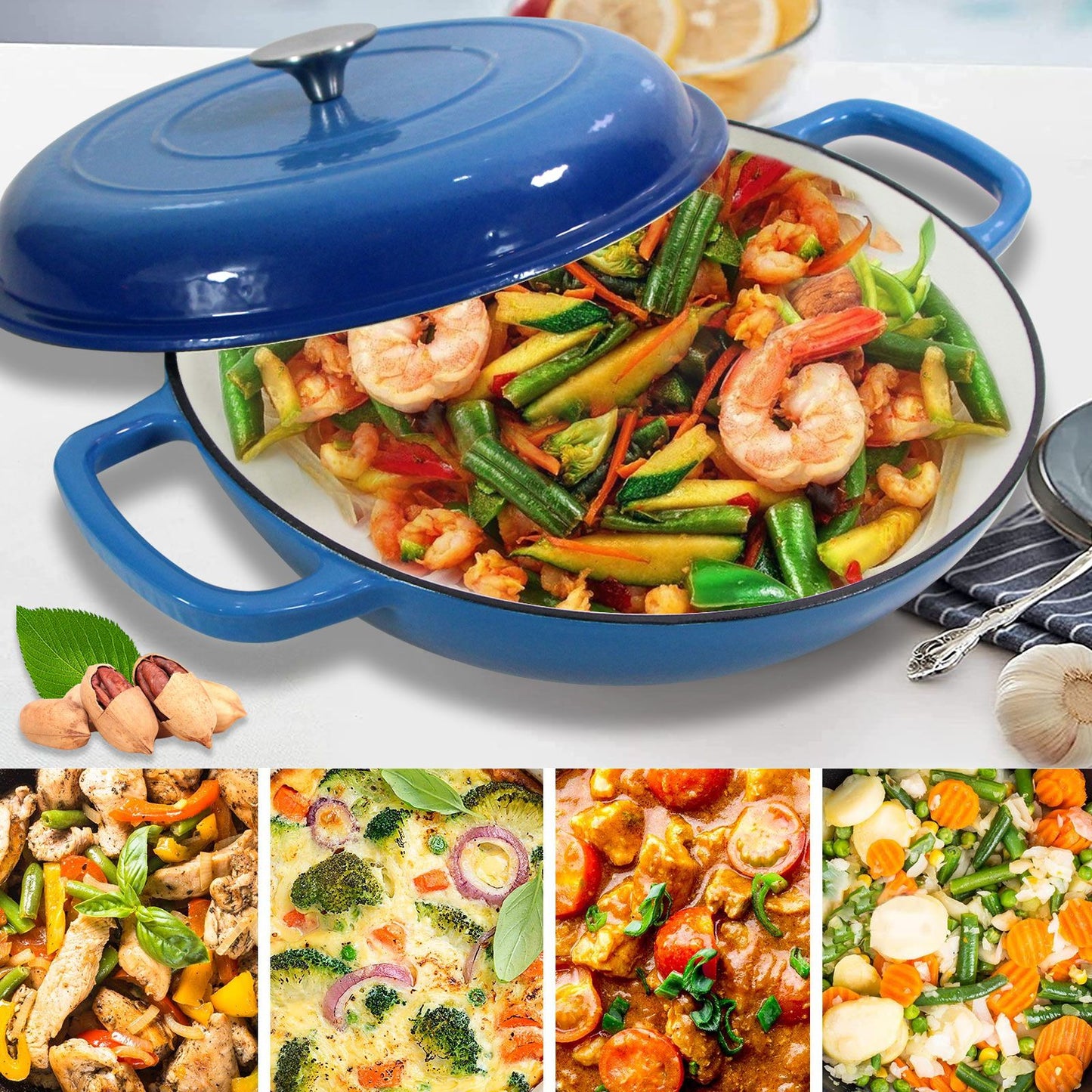 COOKWIN Cast Iron Casserole Braiser; 3.8 Quart; Heavy Duty Casserole Skillet with Lid and Dual Handles; Porcelain Enameled Surface Cookware Pot