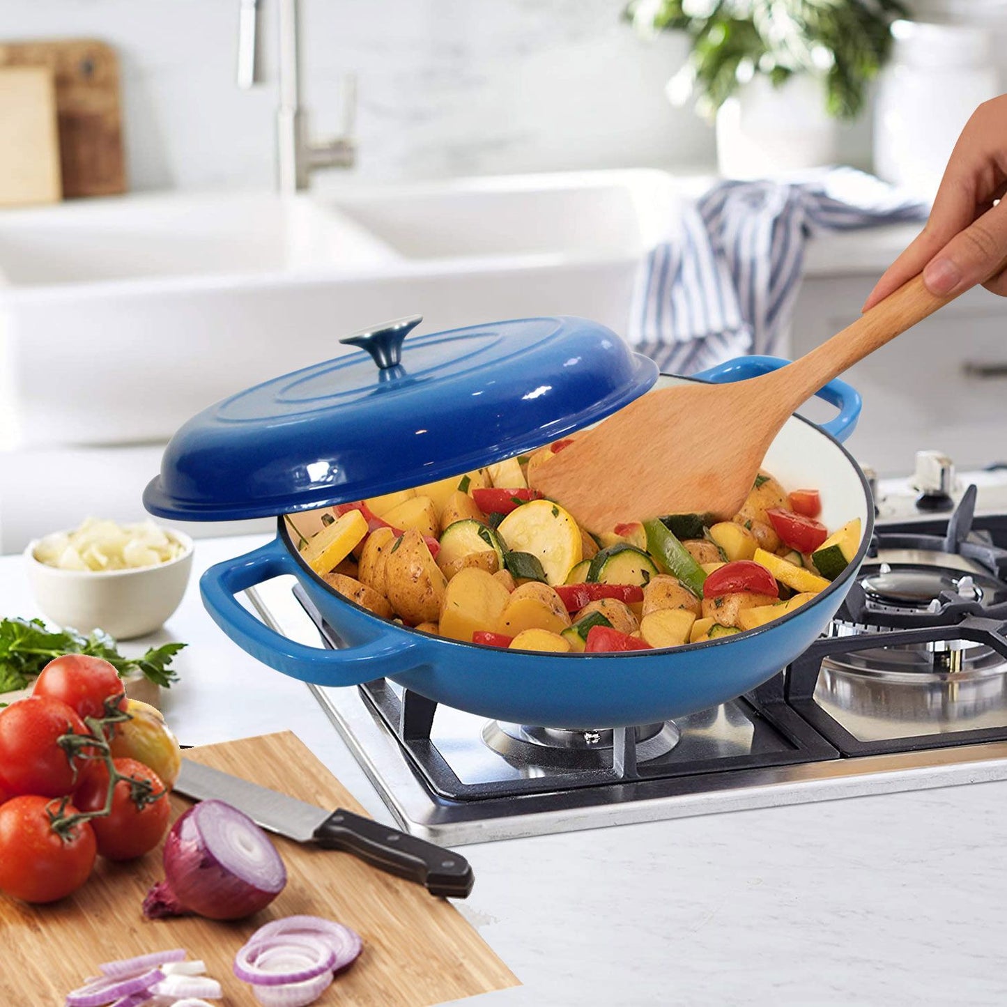 COOKWIN Cast Iron Casserole Braiser; 3.8 Quart; Heavy Duty Casserole Skillet with Lid and Dual Handles; Porcelain Enameled Surface Cookware Pot