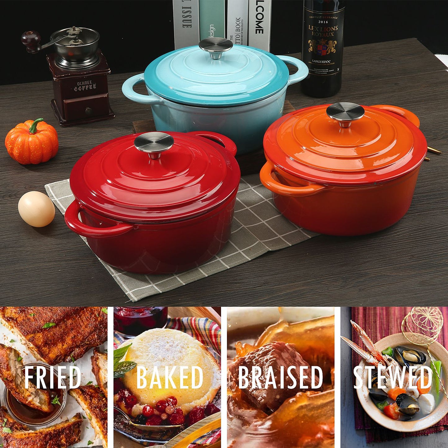 COOKWIN Enameled Cast Iron Dutch Oven with Self Basting Lid; Enamel Coated Cookware Pot 3QT