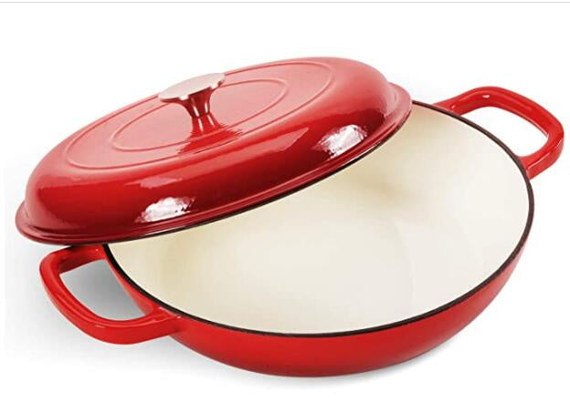 COOKWIN Cast Iron Casserole Braiser; 3.8 Quart; Heavy Duty Casserole Skillet with Lid and Dual Handles; Porcelain Enameled Surface Cookware Pot