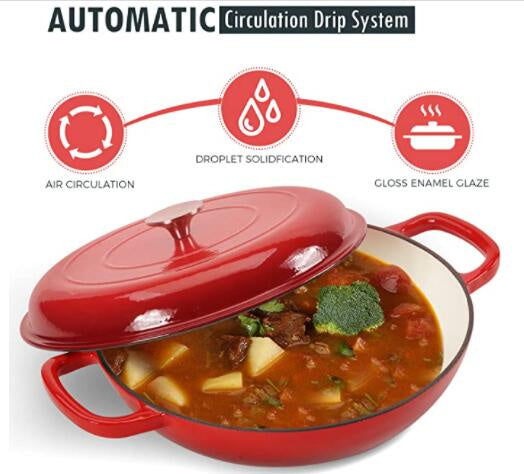 COOKWIN Cast Iron Casserole Braiser; 3.8 Quart; Heavy Duty Casserole Skillet with Lid and Dual Handles; Porcelain Enameled Surface Cookware Pot