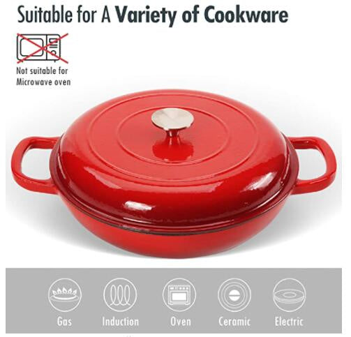 COOKWIN Cast Iron Casserole Braiser; 3.8 Quart; Heavy Duty Casserole Skillet with Lid and Dual Handles; Porcelain Enameled Surface Cookware Pot