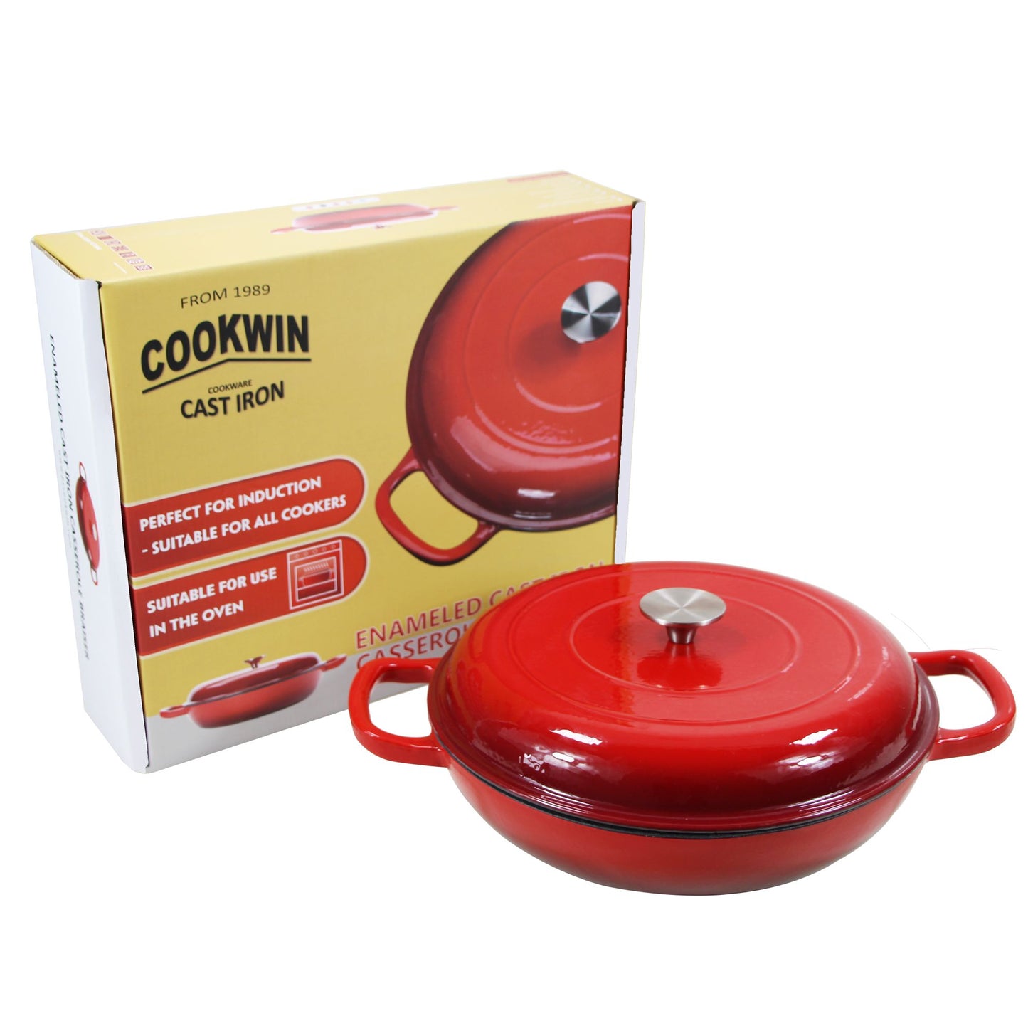 COOKWIN Cast Iron Casserole Braiser; 3.8 Quart; Heavy Duty Casserole Skillet with Lid and Dual Handles; Porcelain Enameled Surface Cookware Pot
