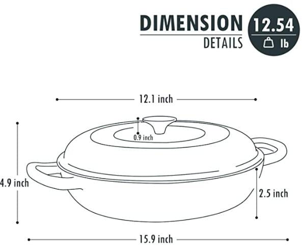 COOKWIN Cast Iron Casserole Braiser; 3.8 Quart; Heavy Duty Casserole Skillet with Lid and Dual Handles; Porcelain Enameled Surface Cookware Pot