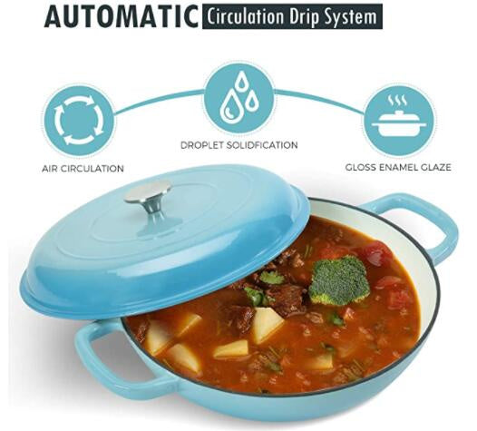 COOKWIN Cast Iron Casserole Braiser; 3.8 Quart; Heavy Duty Casserole Skillet with Lid and Dual Handles; Porcelain Enameled Surface Cookware Pot