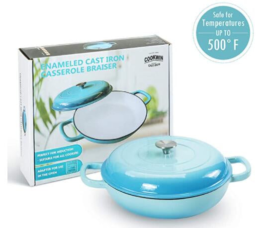 COOKWIN Cast Iron Casserole Braiser; 3.8 Quart; Heavy Duty Casserole Skillet with Lid and Dual Handles; Porcelain Enameled Surface Cookware Pot