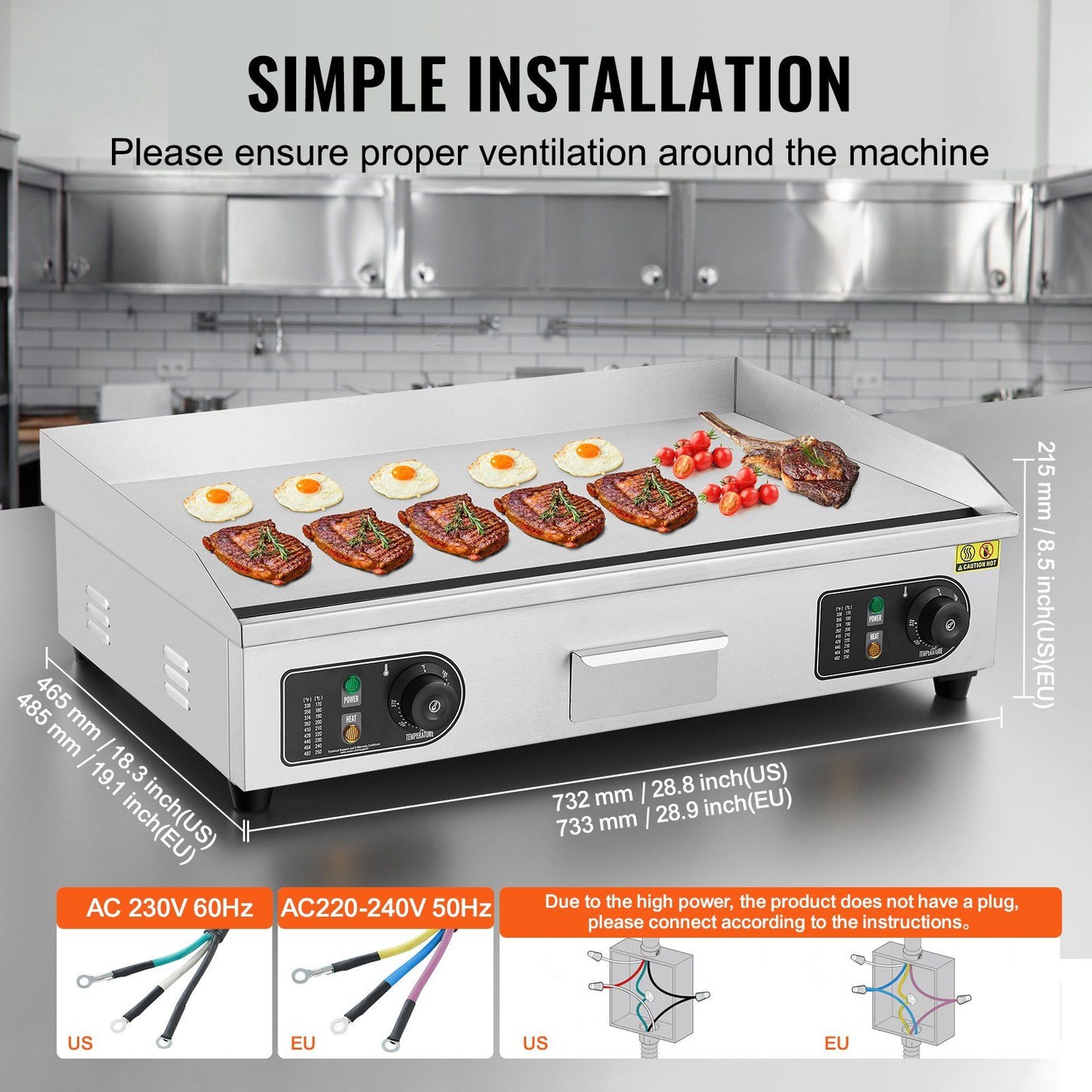 VEVOR Commercial Electric Griddle, 4400W Countertop Flat Top Grill, 122°F-572 °F Adjustable Temp, 28.74 x 15.75 x 0.39in Stainless Steel Griddle Grill with 2 Shovels and 2 Brushes
