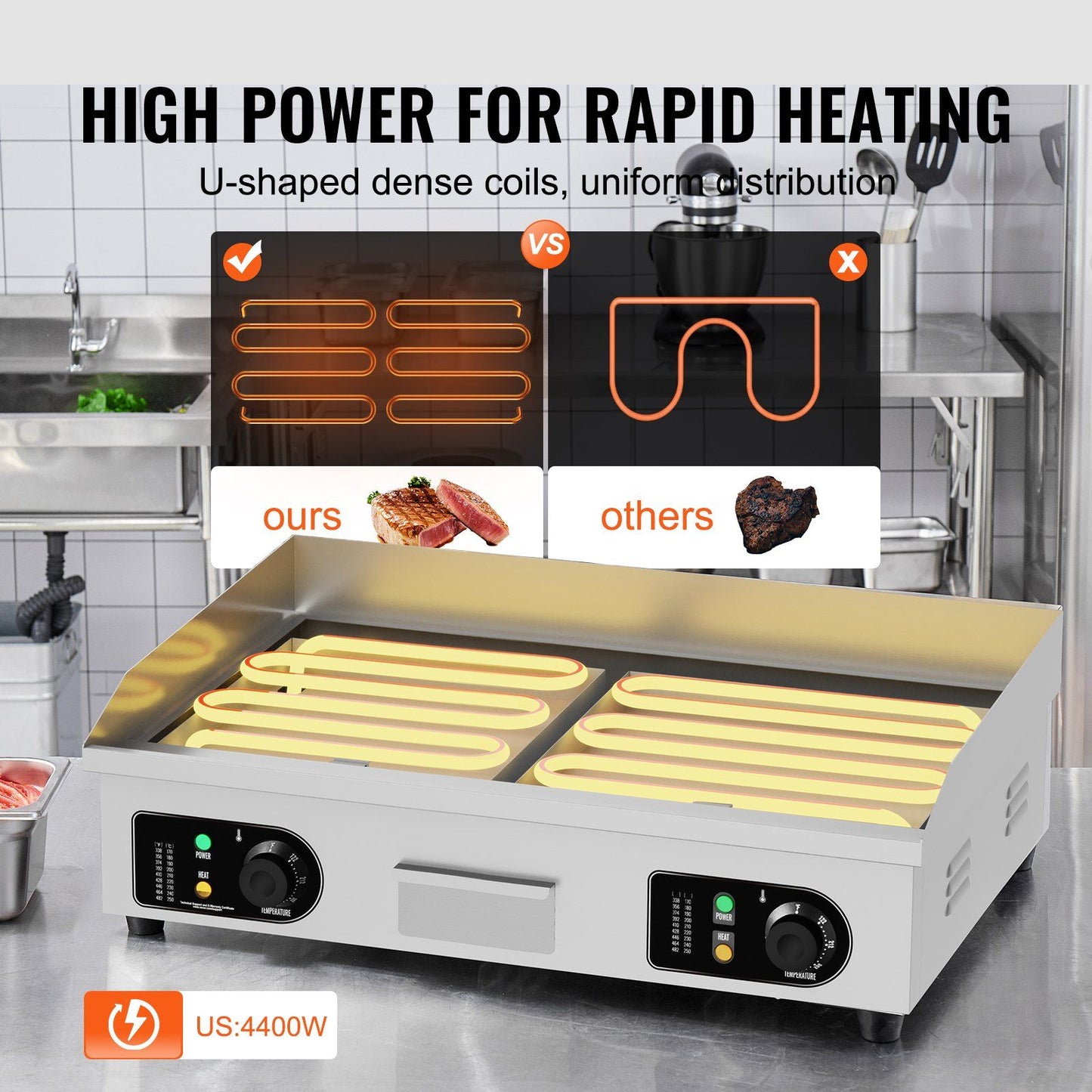 VEVOR Commercial Electric Griddle, 4400W Countertop Flat Top Grill, 122°F-572 °F Adjustable Temp, 28.74 x 15.75 x 0.39in Stainless Steel Griddle Grill with 2 Shovels and 2 Brushes