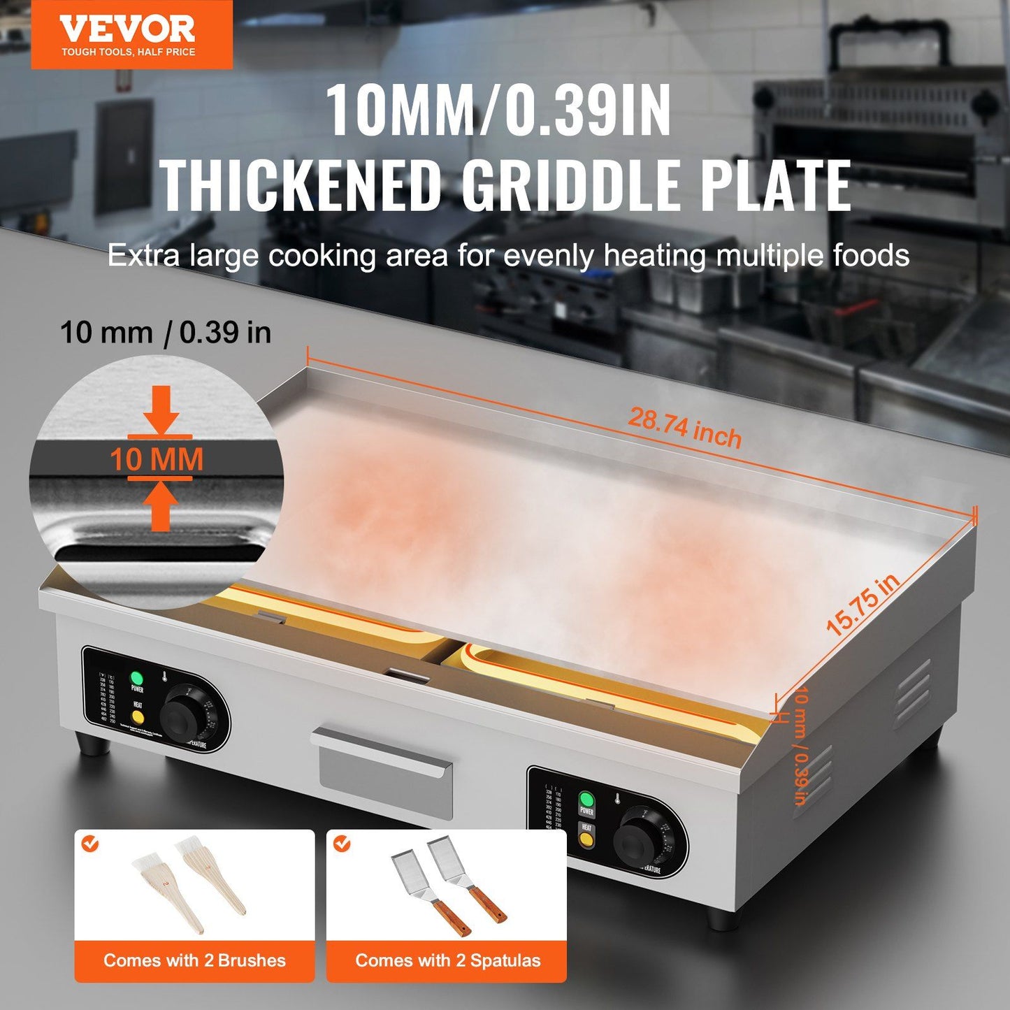 VEVOR Commercial Electric Griddle, 4400W Countertop Flat Top Grill, 122°F-572 °F Adjustable Temp, 28.74 x 15.75 x 0.39in Stainless Steel Griddle Grill with 2 Shovels and 2 Brushes