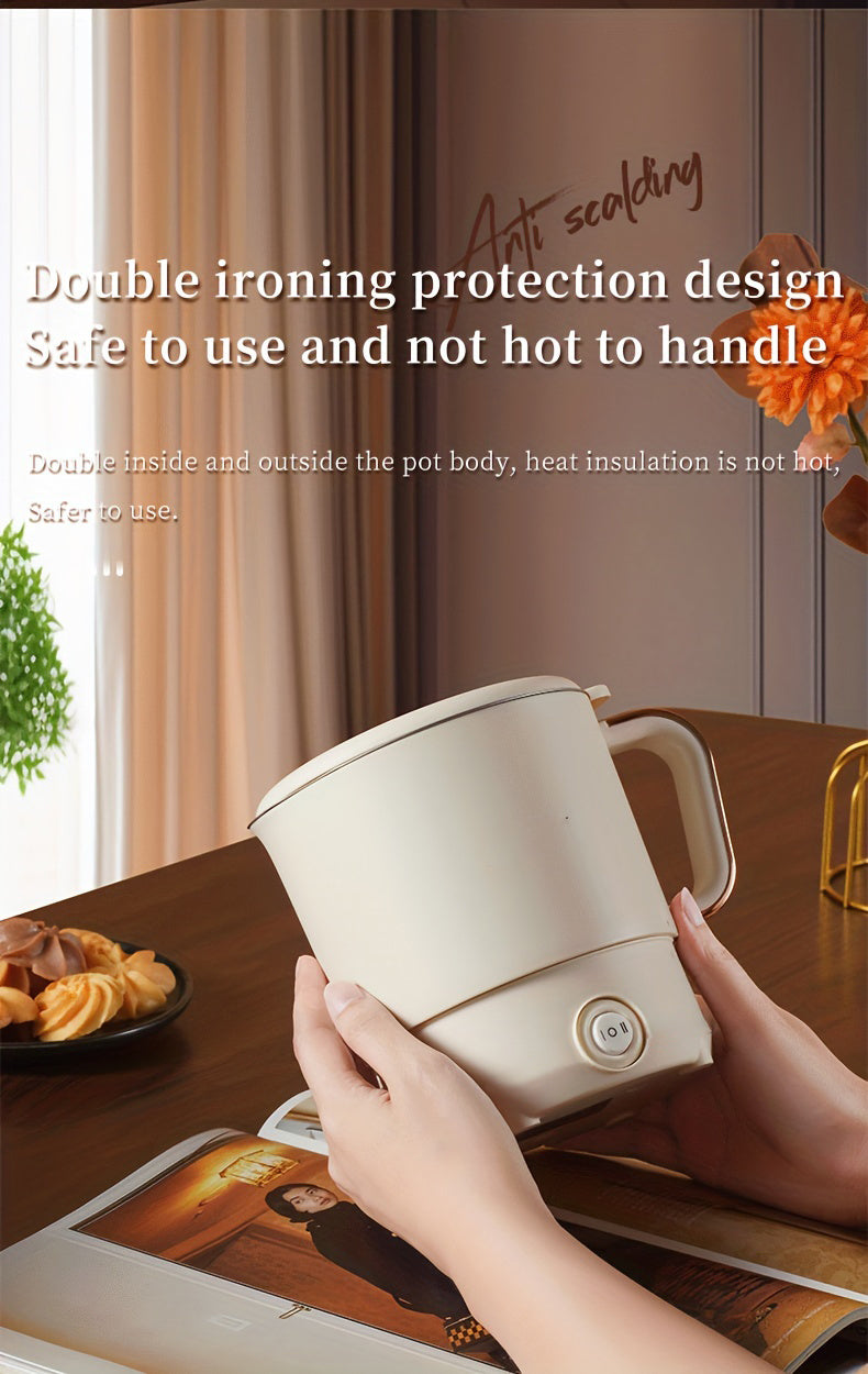 Portable Travel Kettle, Collapsible Electric Hot Pot, Mini Heating Cup with Insulation, Dual Voltage, Airplane & High-Speed Train Friendly, Small Size 6.88 inches tall,6.29/4.72 inches diameter