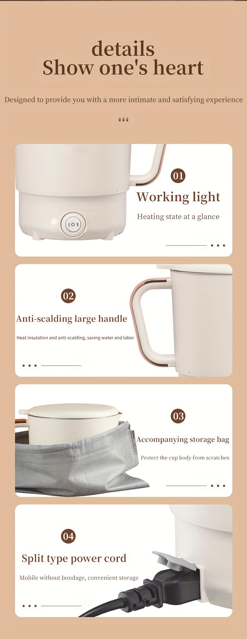 Portable Travel Kettle, Collapsible Electric Hot Pot, Mini Heating Cup with Insulation, Dual Voltage, Airplane & High-Speed Train Friendly, Small Size 6.88 inches tall,6.29/4.72 inches diameter