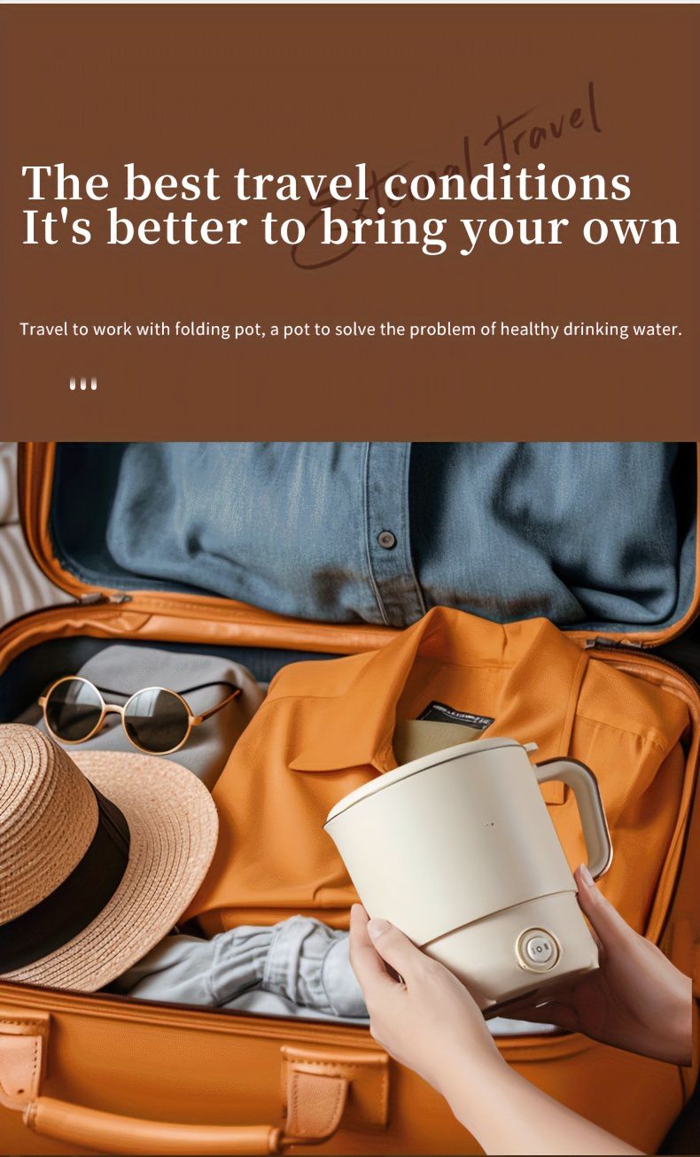 Portable Travel Kettle, Collapsible Electric Hot Pot, Mini Heating Cup with Insulation, Dual Voltage, Airplane & High-Speed Train Friendly, Small Size 6.88 inches tall,6.29/4.72 inches diameter