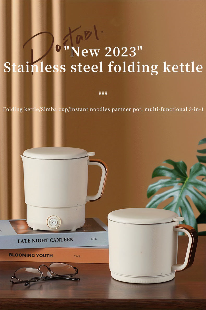 Portable Travel Kettle, Collapsible Electric Hot Pot, Mini Heating Cup with Insulation, Dual Voltage, Airplane & High-Speed Train Friendly, Small Size 6.88 inches tall,6.29/4.72 inches diameter