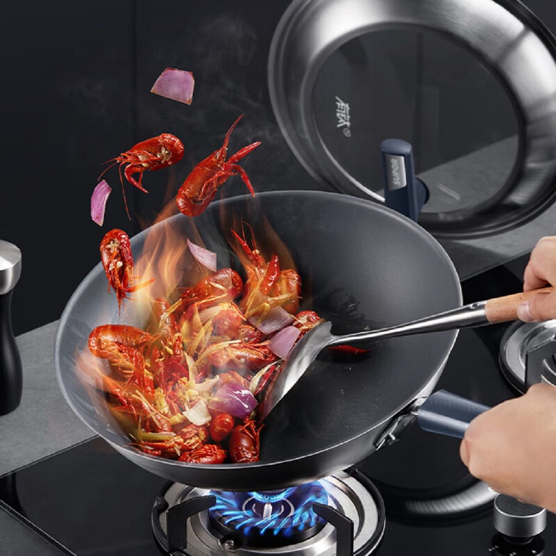 Frying Wok Titanium Uncoated Non-Stick Frying Wok Uncoated Healthy Non-Stick Frying Wok Stir Frying Pan Upgrade with Standing Lid 2 Generation Titanium Upgrade II Grade 1 Non-Stick wok 30cm