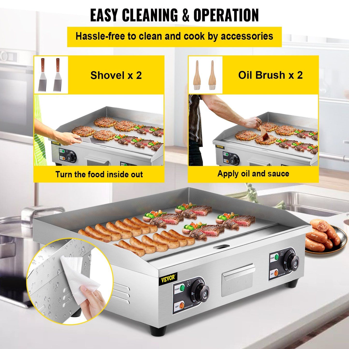 VEVOR 29" Commercial Electric Griddle 110V 3000W Electric Countertop Griddle Non-Stick Restaurant Teppanyaki Flat Top Grill Stainless Steel Adjustable Temperature Control 122°F-572°F (NO PLUG)