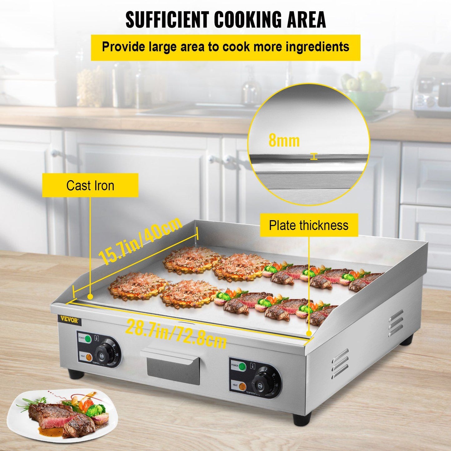 VEVOR 29" Commercial Electric Griddle 110V 3000W Electric Countertop Griddle Non-Stick Restaurant Teppanyaki Flat Top Grill Stainless Steel Adjustable Temperature Control 122°F-572°F (NO PLUG)