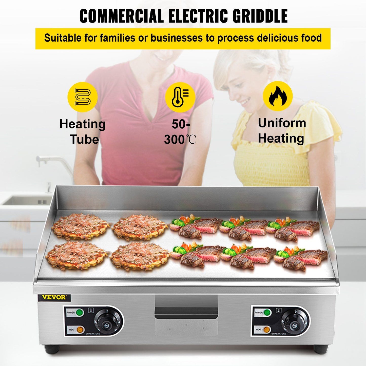 VEVOR 29" Commercial Electric Griddle 110V 3000W Electric Countertop Griddle Non-Stick Restaurant Teppanyaki Flat Top Grill Stainless Steel Adjustable Temperature Control 122°F-572°F (NO PLUG)