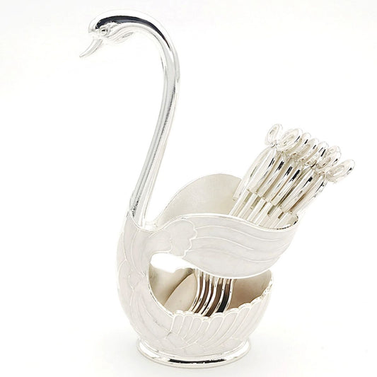 1pc Coffee Dessert Spoons Set; Swan Base Holder Coffee Spoons Set With 6 Forks Spoons Creative Metal Coffee Dessert Spoon Set For Coffee Dessert Ice Cream Use Great Gift