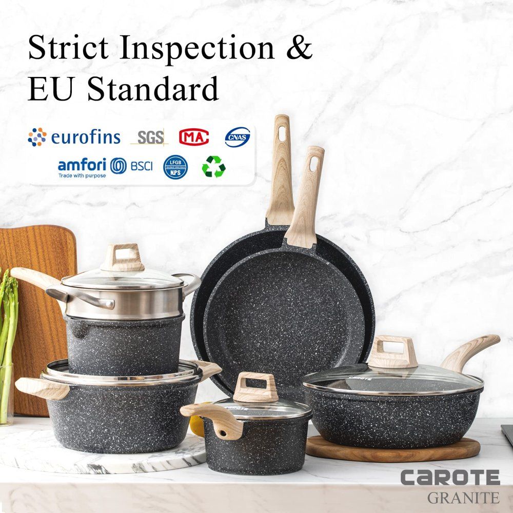 Nonstick Pots and Pans Set;  11 Pcs Granite Stone Kitchen Cookware Sets (Black)