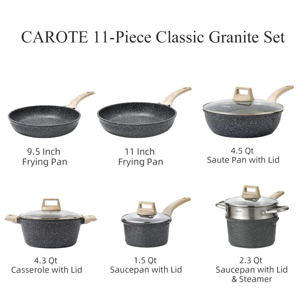 Nonstick Pots and Pans Set;  11 Pcs Granite Stone Kitchen Cookware Sets (Black)