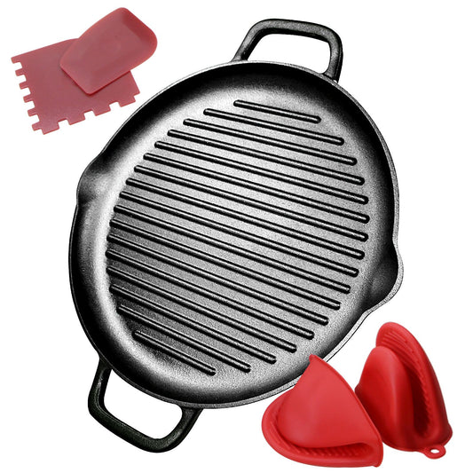 Cast Iron Grill Pan 12.6 inch Pre-Seasoned Cast Iron Griddle Pan Dual Handles Cast Iron Skillets for BBQ Round Cast Iron Griddle for any Stove Top and all Cooking Tops