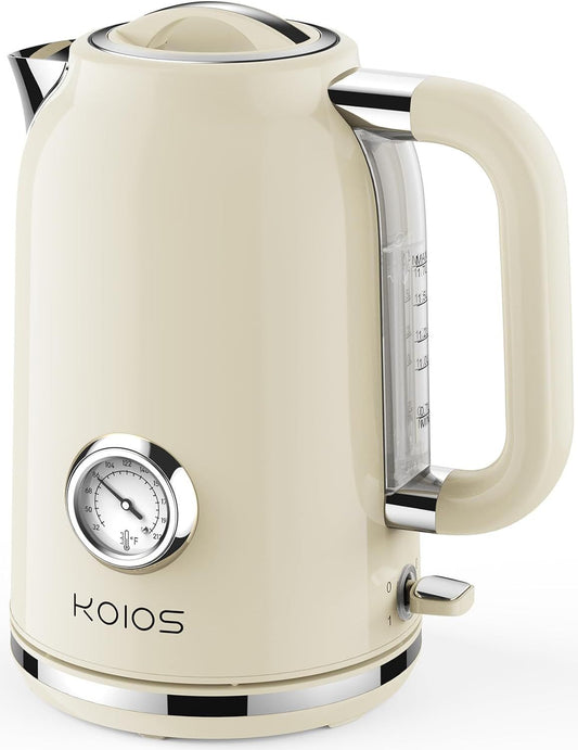 Electric Tea Kettle with Thermometer, KOIOS 1.7L 1500W BPA-Free Stainless Steel Fast Water Boiler with LED Indicator, Cordless Electric Tea Pot, 360° Rotation,Auto Shut-Off & Boil-Dry Protection