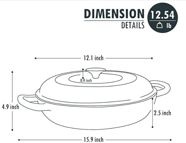 COOKWIN Cast Iron Casserole Braiser;  3.8 Quart; Heavy Duty Casserole Skillet with Lid and Dual Handles;  Porcelain Enameled Surface Cookware Pot