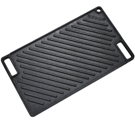 VEVOR Reversible Grill/Griddle, 9.7"x16.7" Pre-Seasoned Cast Iron Griddle, Rectangular Double Burner Griddle Pan, Non-Stick Family Pan Cookware with Handles, Flat Top Plate for BBQ, Gas Grill, Black