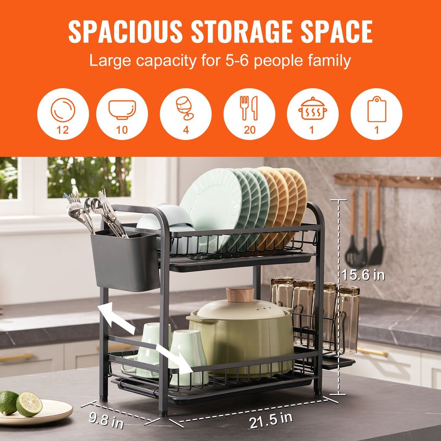 VEVOR 2 Tier Dish Drying Rack Dish Drainer Carbon Steel Kitchen Utensil Holder
