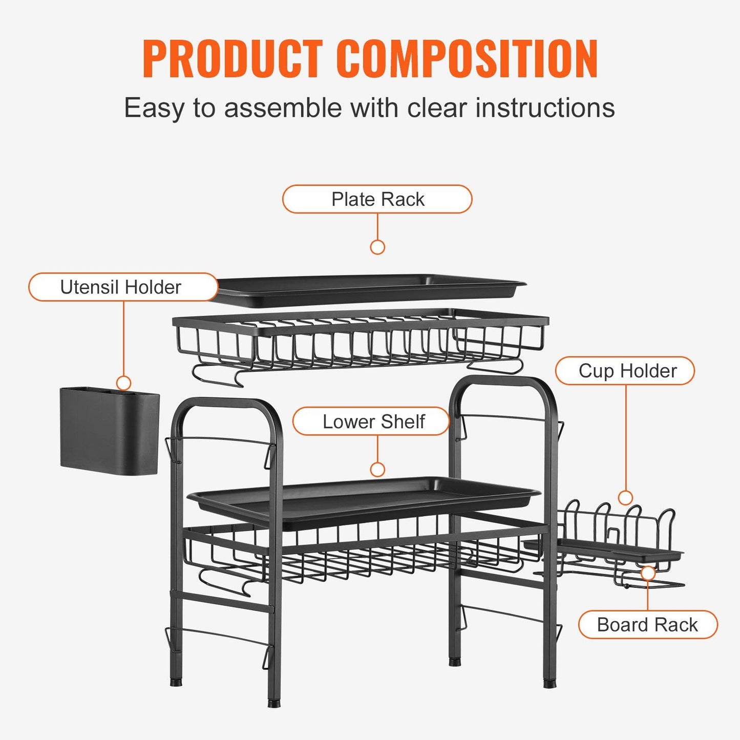 VEVOR 2 Tier Dish Drying Rack Dish Drainer Carbon Steel Kitchen Utensil Holder