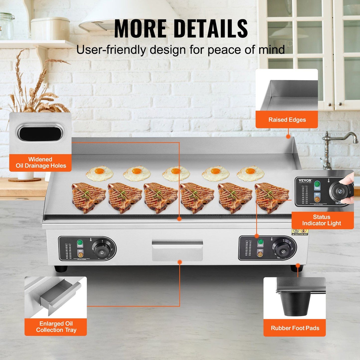 VEVOR Commercial Electric Griddle, 4400W Countertop Flat Top Grill, 122°F-572 °F Adjustable Temp, 28.74 x 15.75 x 0.39in Stainless Steel Griddle Grill with 2 Shovels and 2 Brushes
