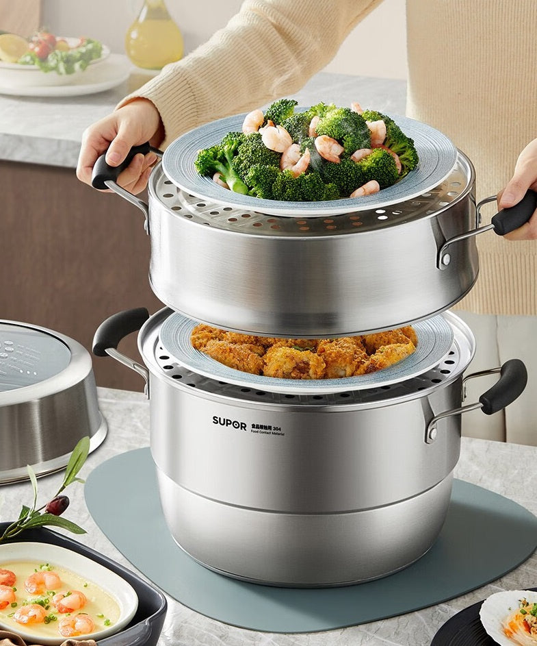 Steamer 304 Stainless Steel Pot Qiaoyi Take Thickened Stovetop Universal Steamer Steamer Drawer Household Steam Fish Pot Steamed Buns Pot SZ30VA1 Three layer 30cm Visible Cover Composite Bottom