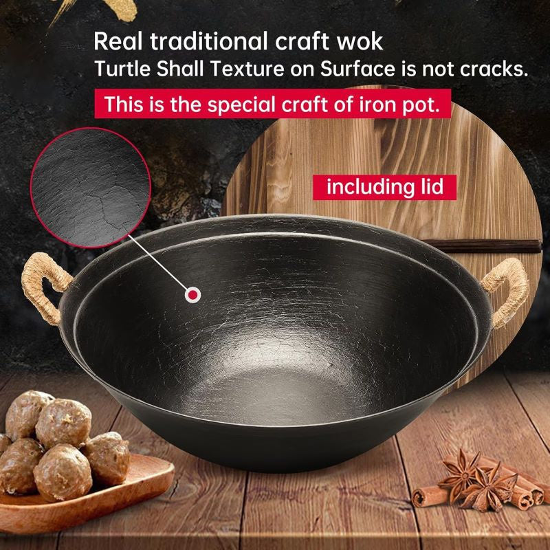 Cast Iron Wok Pan with Dual Handle and Wooden Lid(AMZ Shipping)